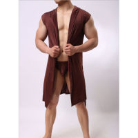 Mens Fashion Sleeveless Ultra Thin Silk Hooded Bath Robe Sleepwear Solid Color