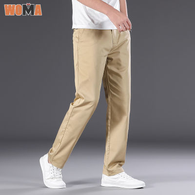 WOMA  กางเกงสแล็คสีทึบ Celana Setelan ยืดขนาดใหญ่สำหรับนักธุรกิจลำลองเอวสูงกางเกงผู้ชายขาสามส่วนใหม่