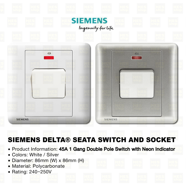 SIEMENS DELTA® SEATA SWITCH AND SOCKET 45A 1 GANG DOUBLE POLE SWITCH