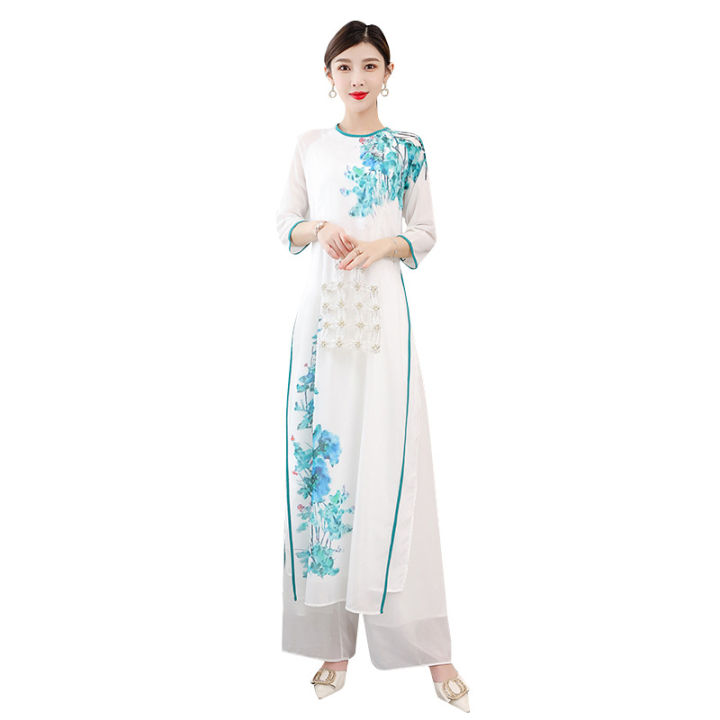 2022ผู้หญิงสไตล์จีนจีนย้อนยุคมือวาดชุด-cheongsam-กางเกงขากว้าง-ao-dai-ชุดสองชิ้น