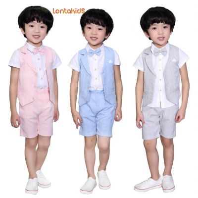lontakids Summer Boy Clothes Set Vest + Pants + Shirt + Bow Tie 4 Pieces Outfits Suit Set Gentleman Formal Dress Short Set 2-11 Years
