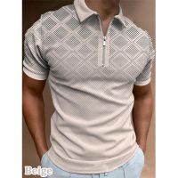 Mens Polo T-shirt Colorblock Graphic Polo Shirts Short Sleeved Lapel Zipper Polos for Men Spring Summer Casual Tops