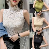 【พร้อม】เสื้อยืดสตรี Hollow Out Lace Summer Mock Neck เสื้อแขนกุดสำหรับปาร์ตี้