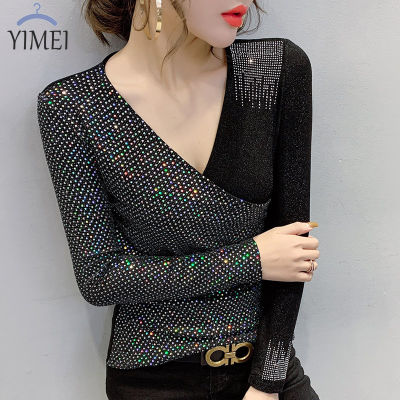 YIMEI Long sleeve black bottom shirt 2023 autumn and winter new sequin diamond mesh top female pleated slim sexy T-shirt female