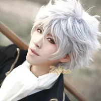 อะนิเมะ Gintama คอสเพลย์วิกผมเงินวิญญาณ S akata Gintoki สั้นเงินสีขาวผมคอสเพลย์วิกผมวิกผมหมวก.