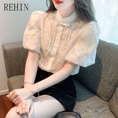 REHIN เสื้อปักลายชุดกี่เพ้าวินเทจสำหรับผู้หญิง,เสื้อเสื้อผู้หญิงแขนสั้นแขนพัฟติดกระดุมม้วนสำหรับฤดูร้อนใหม่