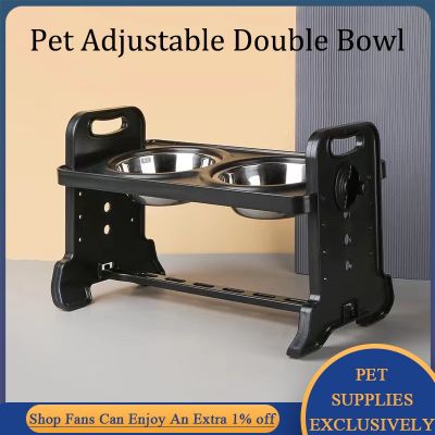 Double Cat Dog Bowls with Raised Stand Adjustable Kiten Food Tray Detachable Puppy Kitty Feeder Pet Feeding Drinking Station