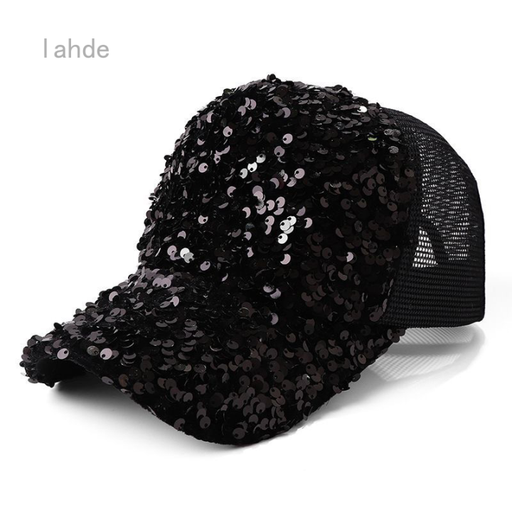 lahde-หมวกกันแดดบังแดดระบายอากาศลำลองตาข่ายเลื่อมฤดูร้อนใหม่สีดำ50-60ซม