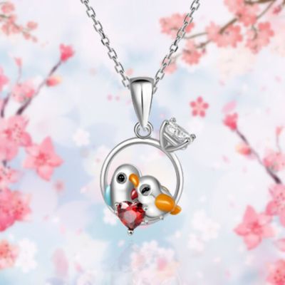 JDY6H Creative Cartoon Couple Bird Heart Shape Red Crystal Pendant Necklace for Women Fashion Girl Party Jewelry Romantic Love Gift