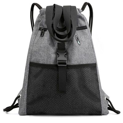 Drawstring Bag Gym with Pockets Sports Sack with Handle Drawstring Backpack Travel for Men Women-Grey