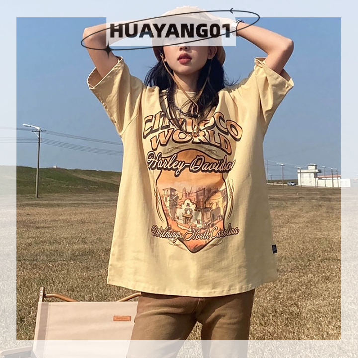 huayang01เสื้อยืดเสื้อผู้หญิงคอกลมแขนสั้นพิมพ์ลายย้อนยุค-เสื้อยืดแบบหลวมลำลอง2023แฟชั่นหน้าร้อน