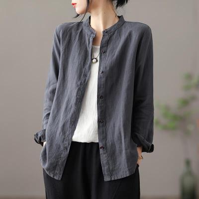 [Spot] cotton linen long sleeve blouse loose slim fit slimming pure color all-matching cardigan top 2023
