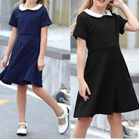 Summer 4-12y Girls Short Sleeve Blue School Uniform Dress Kids Casual Wear Children Costume Toddler Girl Party Princess Clothes