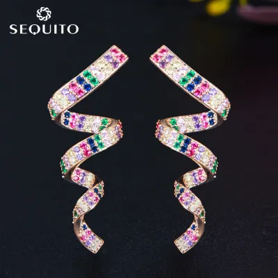 SEQUITO ขายร้อนชุบทองฝังเต็มรูปแบบสีสัน Cubic Zircon ยาวเกลียวต่างหูผู้หญิงอินเทรนด์ Rainbow Party เครื่องประดับสำหรับไนท์คลับ SE632