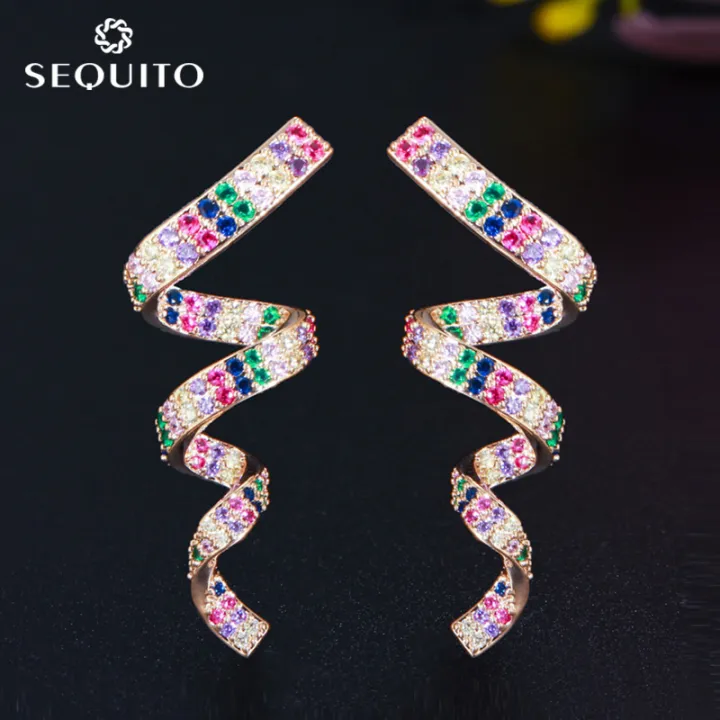 sequito-ขายร้อนชุบทองฝังเต็มรูปแบบสีสัน-cubic-zircon-ยาวเกลียวต่างหูผู้หญิงอินเทรนด์-rainbow-party-เครื่องประดับสำหรับไนท์คลับ-se632