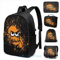 [Koala Travel] Splatoon Black Squid With Blank Eyes On Orange Splatter Mask USB Charge Backpack Men School Bags Cosmetic Bag Travel Laptop Bag