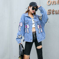 Beaded sequined denim jacket female ins net red design sense cartoon cat patch printed denim jacket tide brand age reducing top