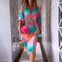 【HOT】❡₪✸ Fashion Gradient Print Beach Boho Loose 3/4 Sleeve Drawstring Tie-up Robe V Neck Dresses