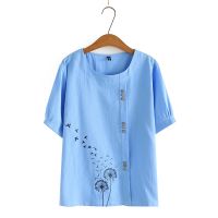 【มีไซส์ใหญ่】Plus Size Womens White Blue Summer Shirts Full Cotton Embroidery Tops Oversized A-line Top