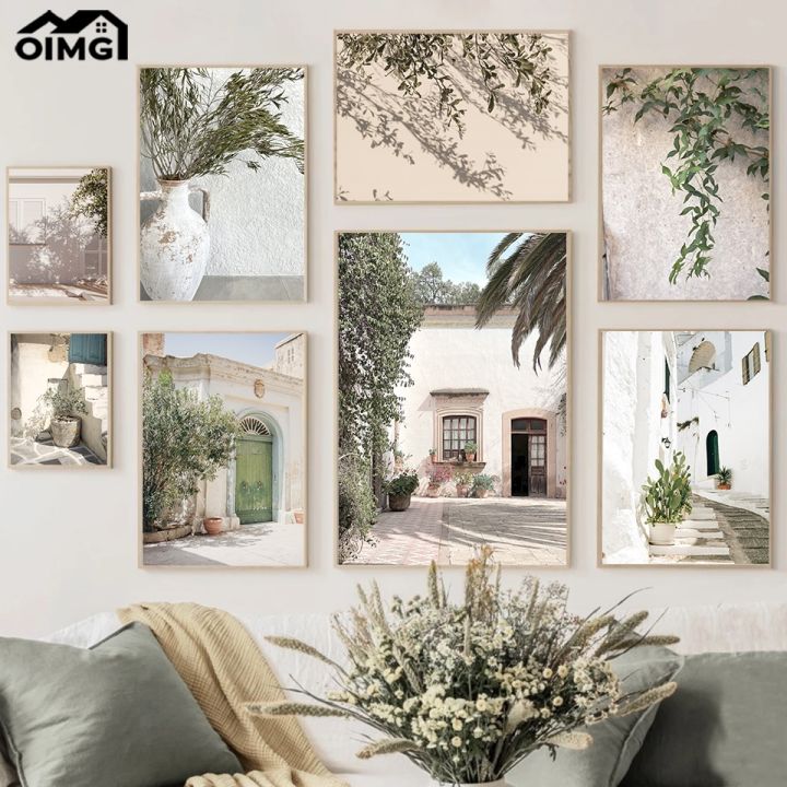 spanish-architecture-puglia-village-photography-poster-prints-green-leaf-indoor-plants-painting-decor-boho-picture-home-decor