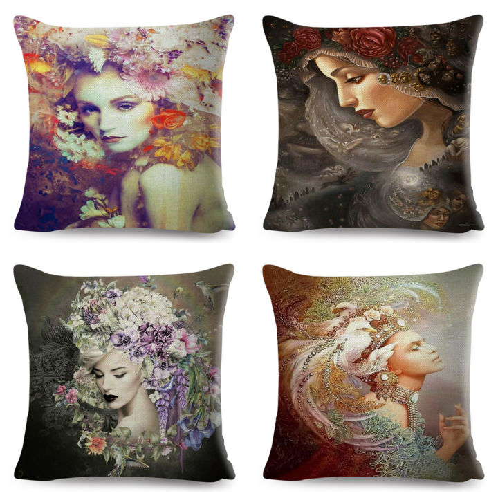 vintage-style-cartoon-flower-girl-art-pillow-case-decor-elegant-woman-cushion-cover-for-sofa-polyester-pillowcase-45x45cm