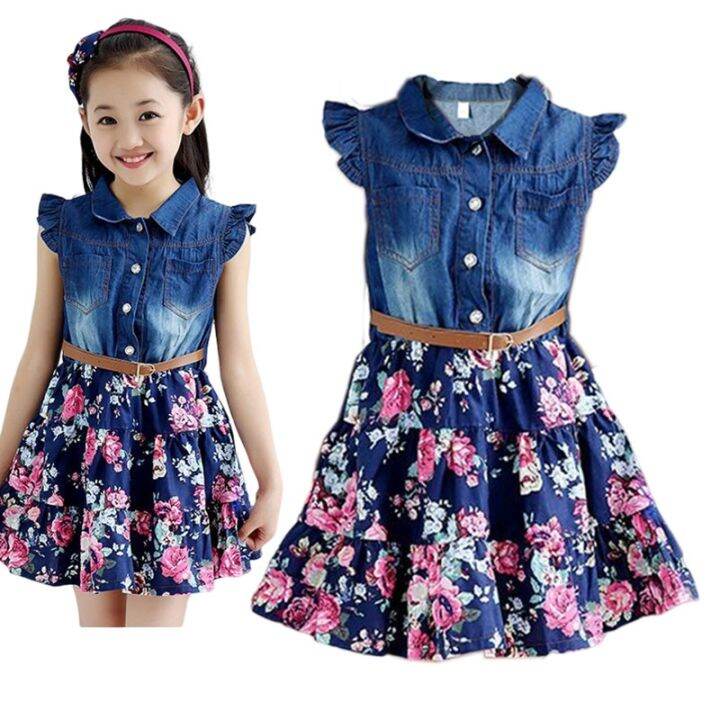 bohemian-style-girls-summer-clothing-dress-denim-bodice-floral-frock-children-chic-belted-robe-a-line-french-fille-robe-casuals