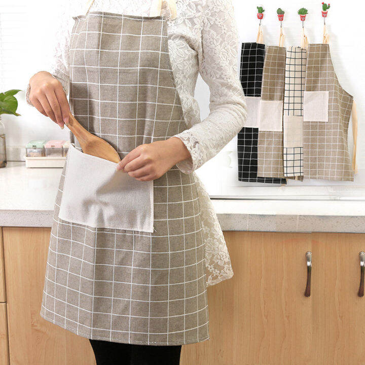 lanyard-apron-thickened-apron-oil-resistant-apron-plaid-cotton-and-linen-apron-japanese-apron-fashionable-lace-up-apron