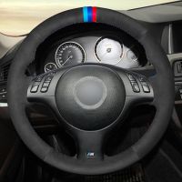 Black Genuine Leather Suede DIY Hand-Stitched Car Steering Wheel Cover For BMW M Sport E46 330i 330Ci E39 540i 525i 530i M3 E46