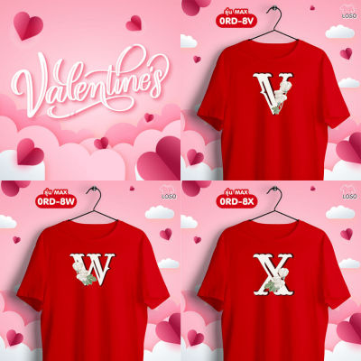 เสื้อยืด เสื้อคู่รัก ดอกกุหลาบวาเลนไทน์ ตัวอักษร (VWX) เสื้อทีม สีแดงคอกลม