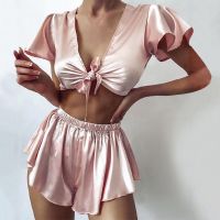 〖Gesh department store〗Sexy Erotic Lingerie Split Open Bra Set Imitation Silk Suspender Pajamas Fashion Home Service Shorts Deep V Hollow Underwear Set