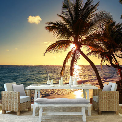 [hot]Custom 3D Mural Photo Wallpaper Beach Sunset Coconut Palm Seaside Landscape Wall Painting Restaurant Cafe Home Decor Wall Papers