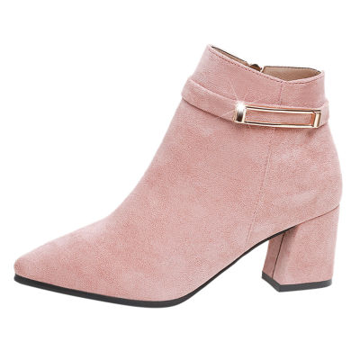 Pink Suede Boots Womens Pointed Square-Heeled Side Zipper Short-Tube Boots Belt Buckle High Heel British Style shoes