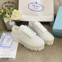 PRADAˉGlitter Thick-Soled Sneakers Round Toe Lace-Up Flat Heel Platform Sole Low-Top Casual