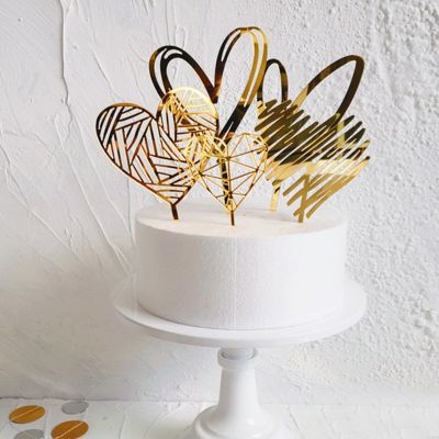 Golden Heart Love Shape Acrylic Cake Topper Engagement Wedding Birthday Cake Cupcake Dessert Decor Supplies