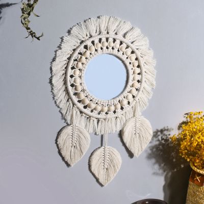 Hanging Wall Mirror - Boho Fringe Round Handmade Decorative Acrylic Mirror for Apartment Living Room Bedroom Home Decor