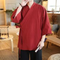 、’】【= Men Shirt Kimono Japanese Harajuku Mens Shirt Linen Retro Origin Streetwear Cardigan Outwear Traditional Open Stitch Shirts