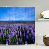 Flower Landscape Lavender Shower Curtains Bathroom Decor Bath Purple Curtains Waterproof Polyester Fabric 12 Hooks Set Mat