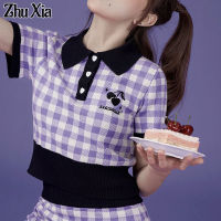 Zhu Xia กระโปรงผู้หญิงชุดสองชิ้น,กระโปรงแขนสั้นปักปกคอเสื้อคอเสื้อชุดน้ำหอมหวานแหวววสำหรับฤดูร้อน