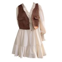 Big yards fat mm sweet gentle wind restoring ancient ways collect waist dress brown vest vest show thin fold wear suits female