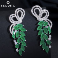 SEQUITO เครื่องประดับผู้หญิงที่ละเอียดอ่อน Sliver Plated Full Micro Pave Tiny AAA Cubic Zircon Frosted หินสีเขียวสมมาตร Long Drop จัดเลี้ยงต่างหู925เงินหู Pins SE659