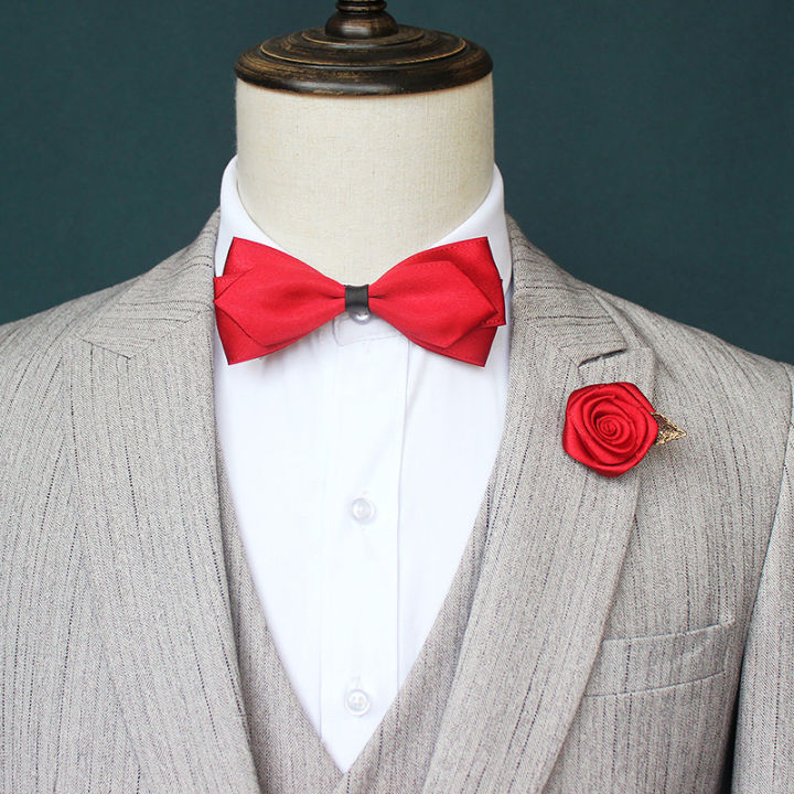2pcs-ผู้ชายผู้หญิงริบบิ้น-bow-tie-ชุดงานแต่งงานเสื้อคอปกเนคไทใหม่-bowtie-ผ้าเช็ดหน้าดอกไม้-pin-เข็มกลัด-pocket-square