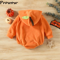 Prowow 0-24M เด็กฮาโลวีนเครื่องแต่งกายสำหรับชายหญิงสีส้มฟักทอง Romper Warm Hooded Fleece บอดี้สูท My First Halloween Baby