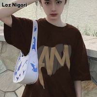 Laz Nigori เสื้อยืดแขนลำลองขาสั้นสีน้ำตาลฉบับภาษาเกาหลีนักเรียนย้อนยุคตัวอักษรรักเสื้อครึ่งแขน