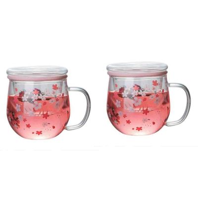 2X Sakura Mug Glass Mug with Tea Infuser Filter&Lid Cherry Blossoms Cup Set Blossoms Flower Teacup 300Ml Glasses
