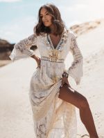 ◇✽☁ Long Dress Women Boho Lace Maxi Dress Summer Beach Holiday White Wedding Dresses Ladies Retro V Neck Sundress Ropa Mujer