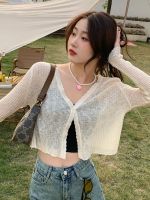 original Uniqlo New Fashion White ice silk shawl with short sunscreen knitted cardigan Thin section womens summer French waistcoat blouse