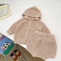 2023 Autumn Newborn Baby Girl Knitwear Clothes Solid Color Long Sleeve Hooded Cardigan Sweater Tops Knitted Bloomer Short Outfit