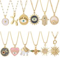 Heart Evil Blue Eye Sun Necklace for Women Cute Dog Bee Elephant Gold Color Pendant Woman 39;s Collars Long Stainless Steel Chains