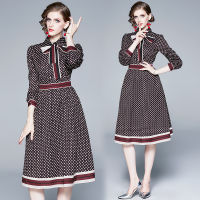 2020 Spring Autumn Women Elegant Vintage Printing Bow tie Collar Office Dress Casual Female High Waist A-Line Midi Shirt Dress