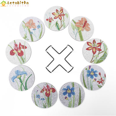 Letabitha จานรองแก้วลายศิลป์เพชรดอกไม้9ชิ้นชุดภาพวาดเพชร Diy ห้องครัวปลอกแก้วเครื่องดื่มงานฝีมือ